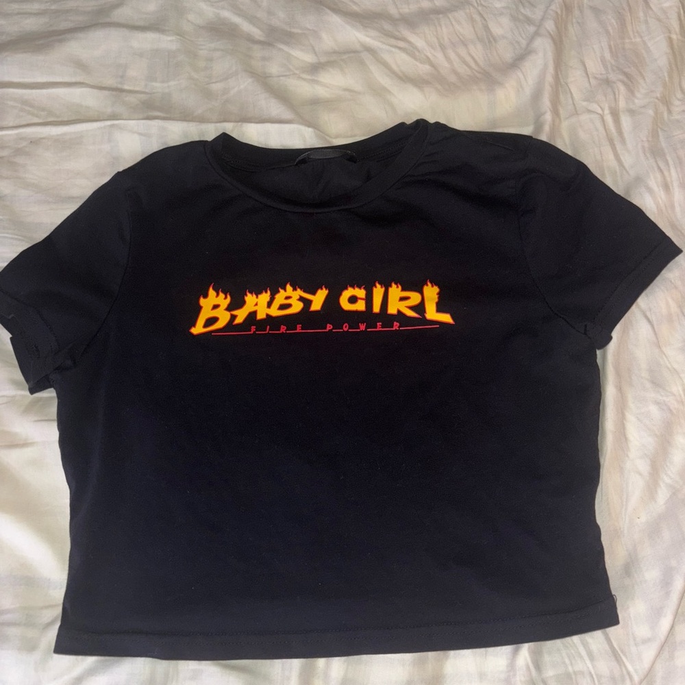 SHEIN Black Crop Top with Orange 'Baby Girl' Graphic